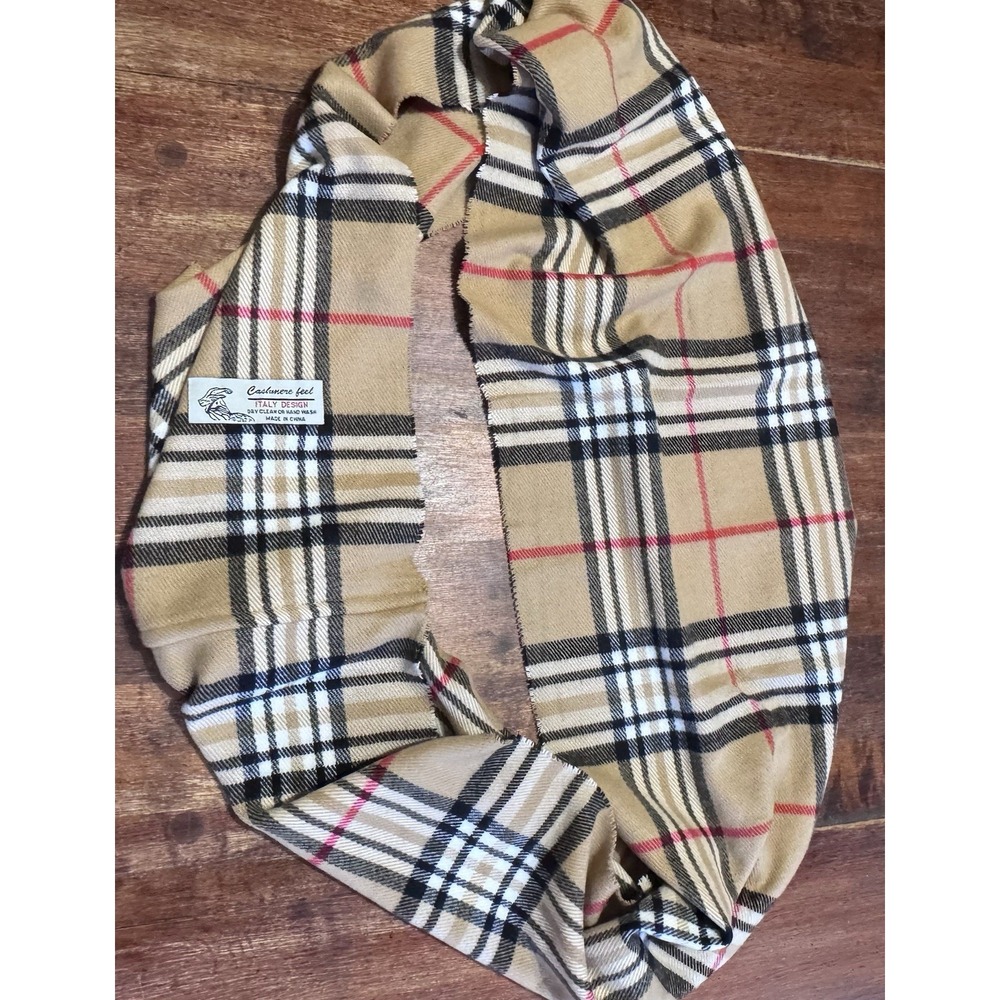 Cashmere Feel‎ Italy Design Infinity Scarf Classic Tan White Red Black Plaid